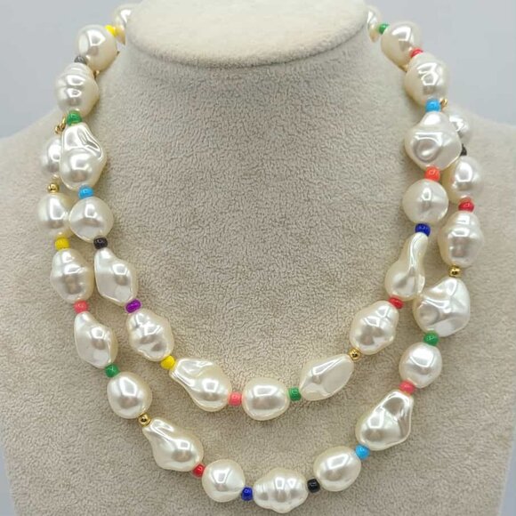 J Crew Set of Large Baroque Faux Pearl Double Strand Necklace Bracelet NWT@ - Picture 2 of 11